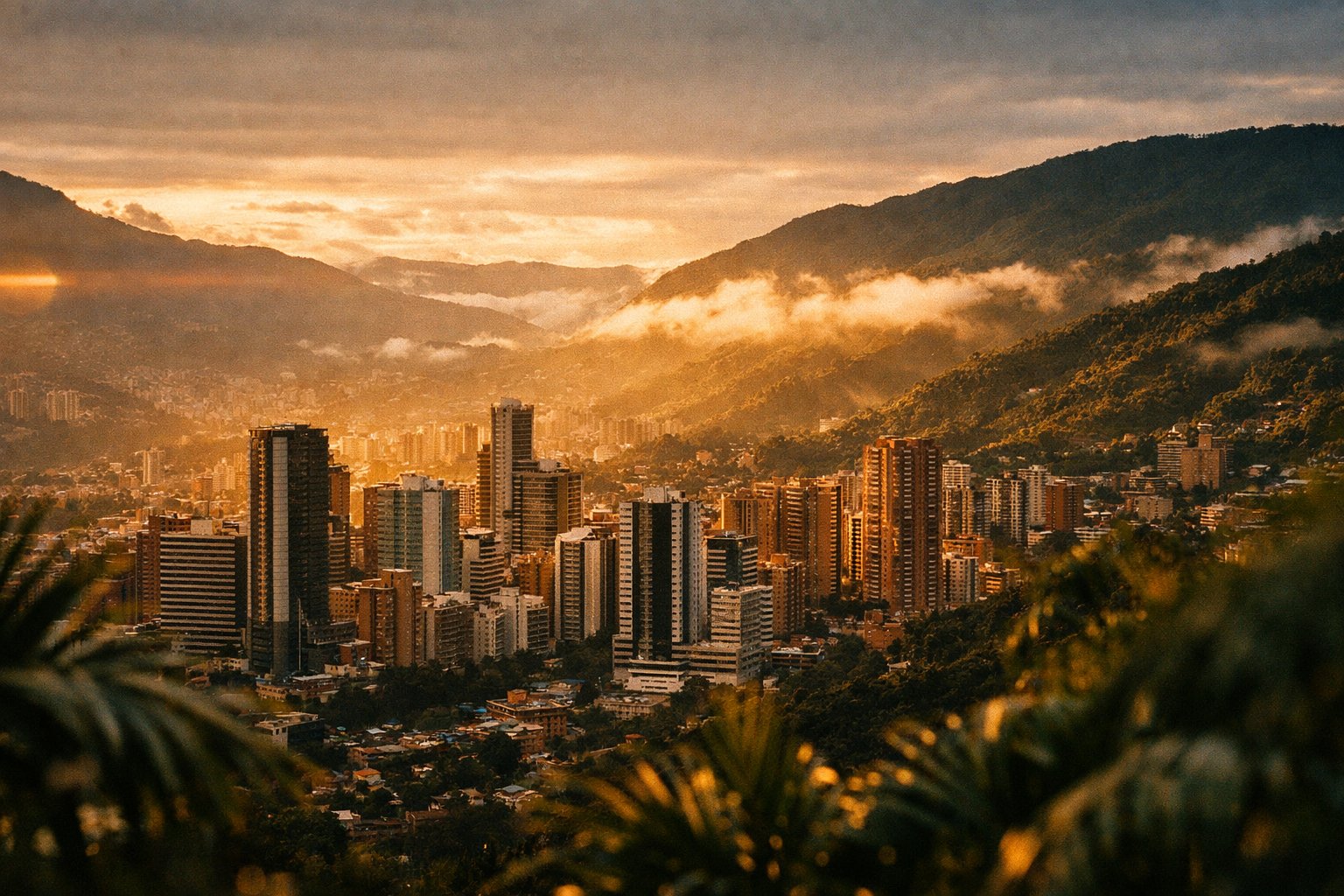 Medellín Colombia cityscape at golden hour with mountains and tropical foliage